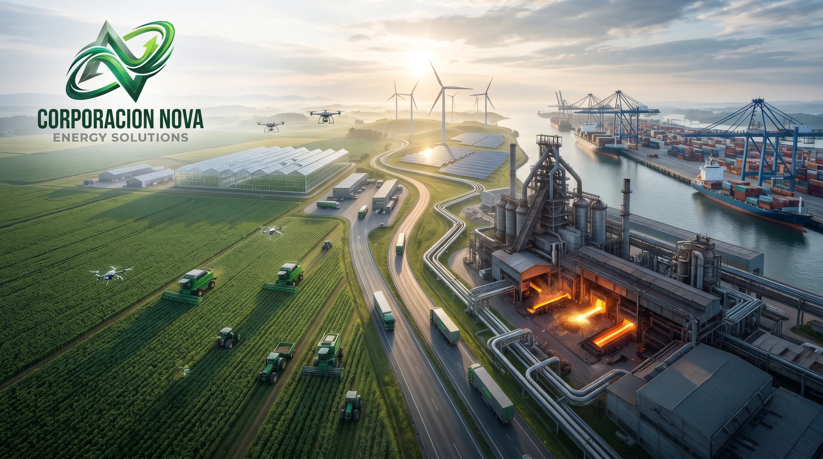 Corporación Nova Energy Solutions: agroindustria, energía eólica y solar, transporte, siderurgia y actividad portuaria en un paisaje integrado.